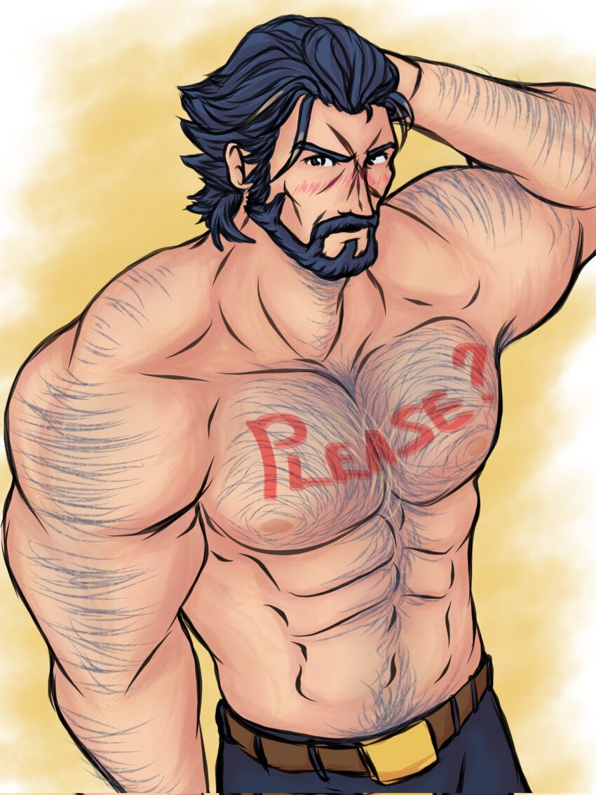 1boy, abs, arm_hair, bara, beard, blue_hair, blush, body_writing, chest_hair, commentary, connected_beard, english_commentary, facial_hair, fire_emblem, fire_emblem_heroes, full_beard, guarder_sol, gustav_(fire_emblem), hairy, highres, large_pectorals, looking_at_viewer, male_focus, muscular, muscular_male, navel_hair, nintendo, nipples, pectorals, scar, scar_on_face, short_hair, solo, topless_male