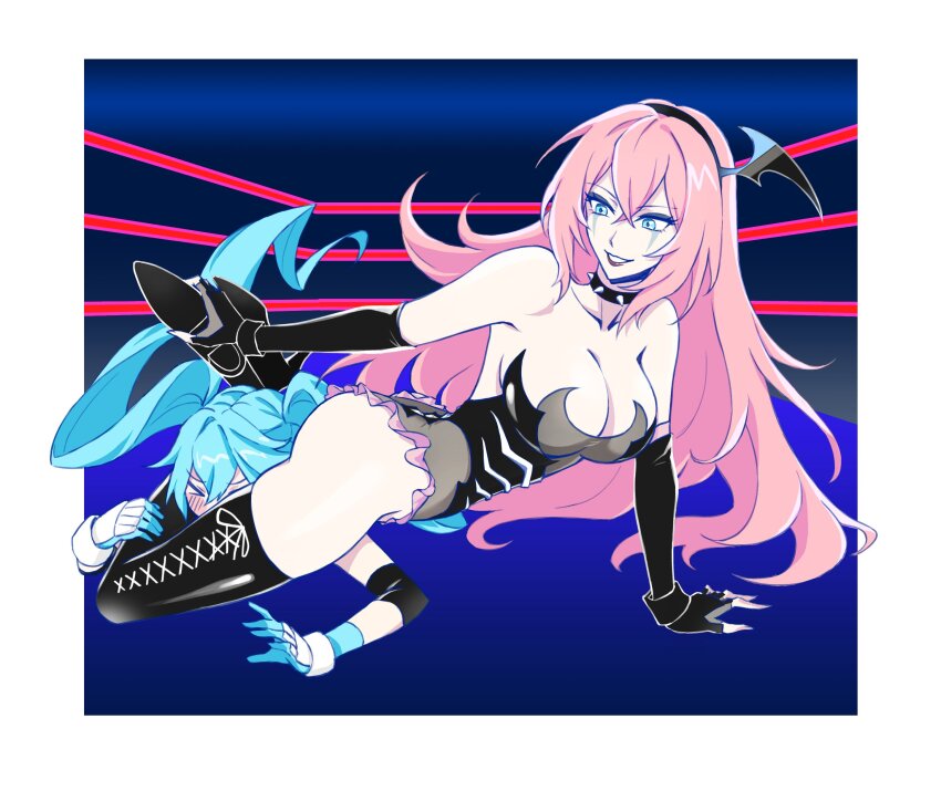 2girls, absurdres, blue_hair, breasts, cleavage, commentary_request, hatsune_miku, highres