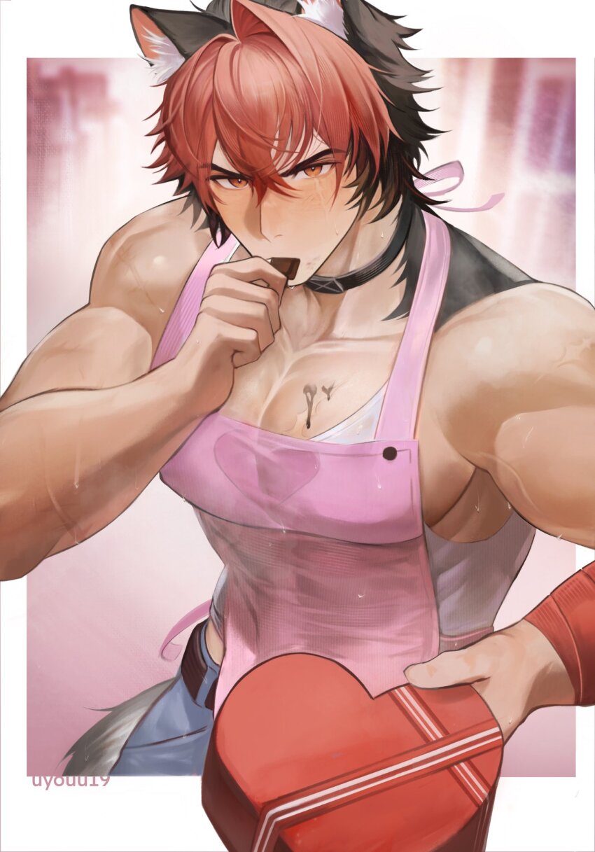 1boy, animal_ear_fluff, animal_ears, apron, arm_up, bara, bare_shoulders, belt, black_belt, black_hair, blue_pants, blush, border, box, box_of_chocolates, candy, chocolate, collarbone, commentary, denim, eating, english_commentary, food, hair_between_eyes, highres, holding, holding_box, jeans, komano_manato, looking_at_viewer, male_focus, multicolored_hair, pants, pink_apron, red_eyes, red_hair, shirt, solo, tail, tank_top, two-tone_hair, uyouu19, valentine, white_border, white_shirt, wolf_boy, wolf_ears, zenless_zone_zero