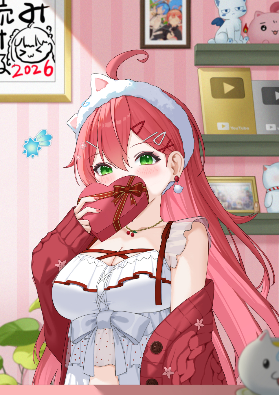 0_albusart, 1girl, ahoge, animal_ear_hairband, animal_ears, asymmetrical_legwear, babydoll, blush