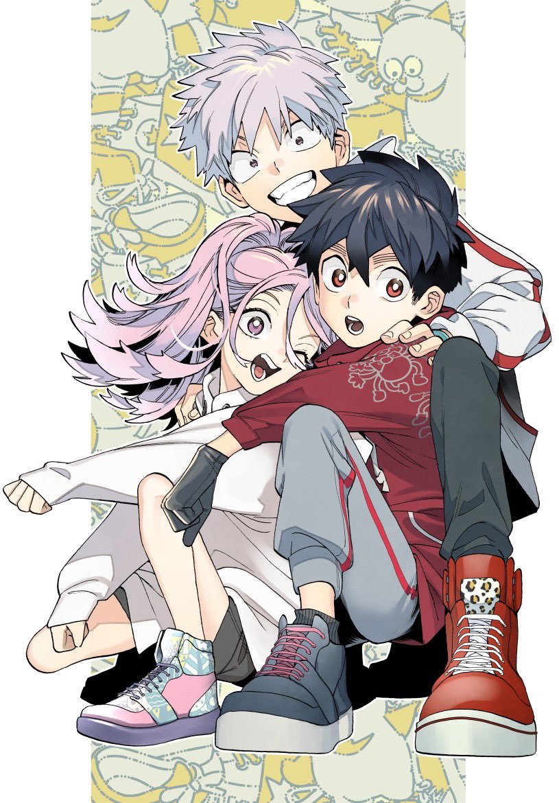 1girl, 2boys, aimoto_shou_(artist), black_hair, full_body, gloves, hood, hoodie, kemono_jihen, kusaka_kabane, multiple_boys, one_eye_closed, open_mouth, pillarboxed, pink_hair, red_eyes, shoes, short_hair, shorts, tademaru_aya, tademaru_shiki, teeth, thick_eyebrows