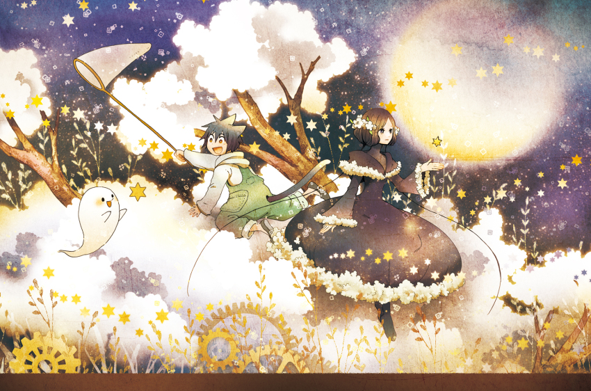 1boy, 1girl, blush, cloud, dress, flower, gears, highres