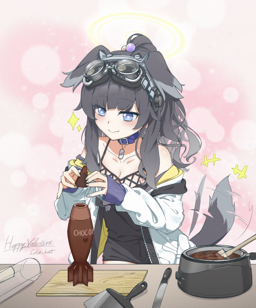 +++, 1girl, ammunition, animal_collar, animal_ears, artist_name, bare_shoulders, black_hair