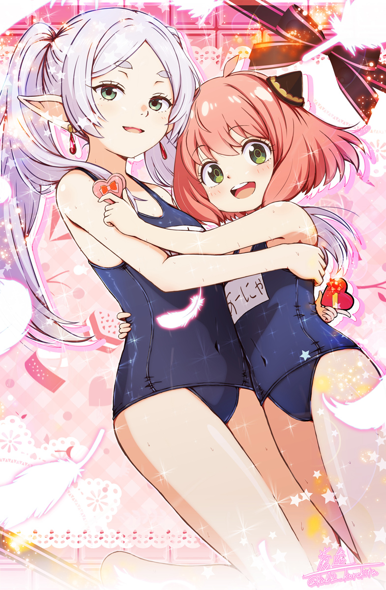 2girls, anya_(spy_x_family), blue_one-piece_swimsuit, blush, box, box_of_chocolates, covered_navel, crossover