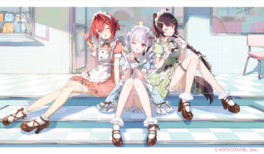 3girls, ai_scream!_(love_live!), ange_katrina, animal, animal_ears, animal_hair_ornament, animal_on_head, apron