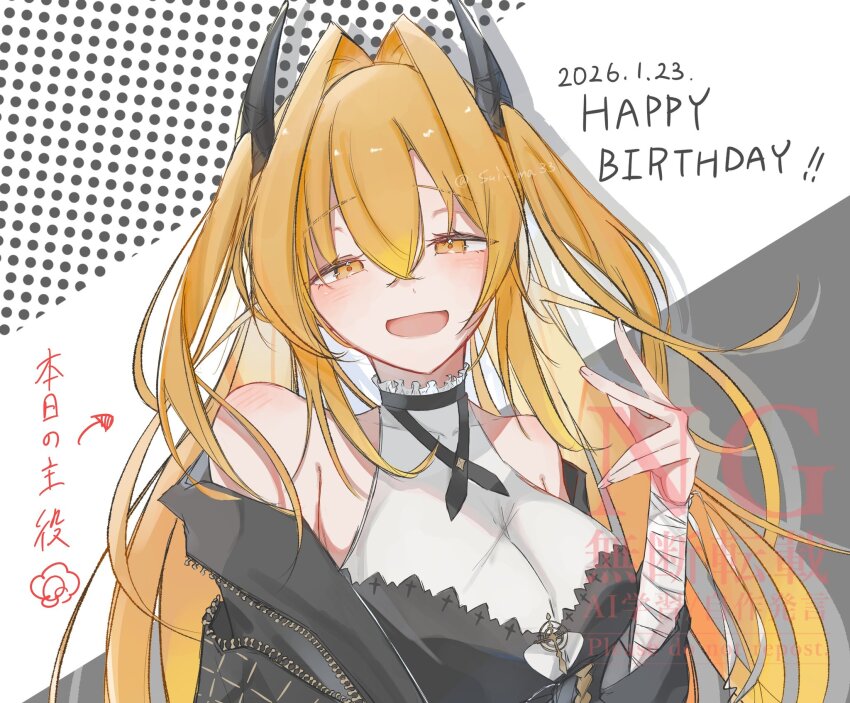 1girl, bandaged_wrist, bandages, black_jacket, blonde_hair, breasts, cleavage, commentary_request, dated, happy_birthday, highres, jacket, jacket_partially_removed, kuuri_(reverseblue), large_breasts, long_hair, off_shoulder, open_mouth, reverseblue_x_re-birthend, solo, sui_ma33, translation_request, twintails, yellow_eyes