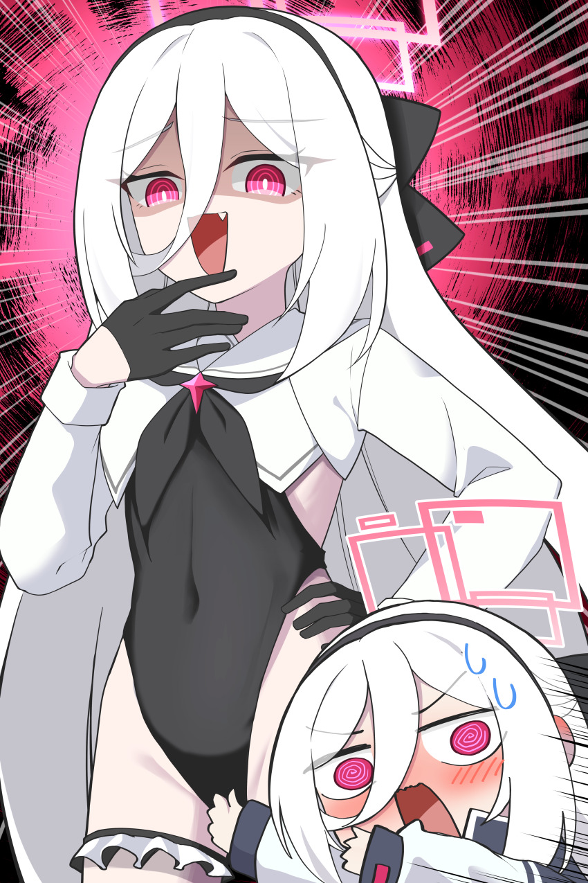 1girl, :d, @_@, absurdres, amtkmituki, black_bow, black_gloves, black_hairband, black_leotard, black_neckerchief, blue_archive, blush, bow, bright_pupils, chibi, chibi_inset, cosplay, covered_navel, covering_crotch, covering_privates, cowboy_shot, downturned_eyes, embarrassed, emphasis_lines, evil_smile, fang, frilled_thigh_strap, gloves, groin, hair_bow, hairband, half_gloves, half_updo, hand_up, highleg, highleg_leotard, highres, jacket, kei_(blue_archive), kei_(new_body)_(blue_archive), laughing, leotard, loli, long_hair, long_sleeves, looking_at_viewer, motion_lines, multiple_views, navel, neckerchief, open_mouth, red_background, red_eyes, ringed_eyes, school_uniform, shaded_face, shimiko_(blue_archive), shimiko_(blue_archive)_(cosplay), shimiko_(magical)_(blue_archive), shrug_(clothing), simple_background, smile, sweatdrop, thigh_strap, upper_body, v-shaped_eyebrows, very_long_hair, wavy_mouth, white_hair, white_jacket, white_pupils, white_shrug, wide-eyed