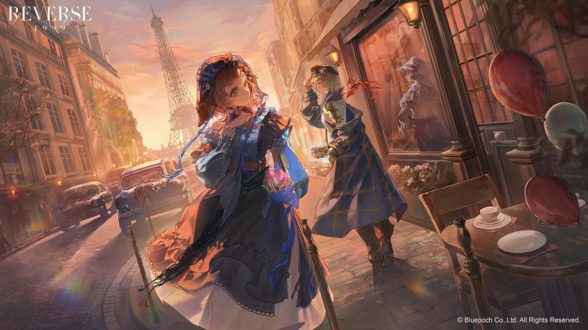 3girls, absurdres, armor, backlighting, balloon, black_coif, black_hat, black_pants