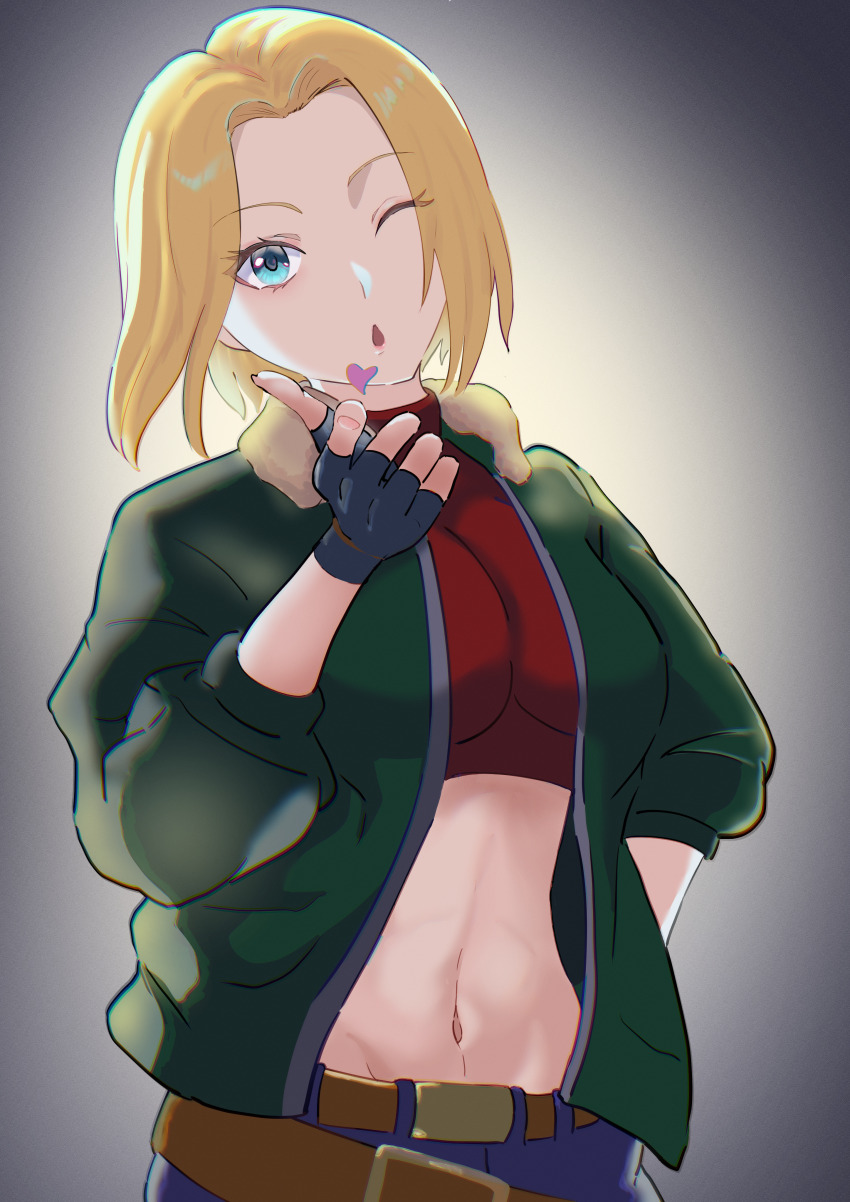 1girl, arm_behind_back, blonde_hair, blowing_kiss, blue_eyes, blue_mary, breasts, denim, fatal_fury, fingerless_gloves, gloves, heart, hidora1716, highres, jacket, jeans, large_breasts, legs, looking_at_viewer, midriff, navel, open_clothes, open_jacket, open_mouth, pants, pink_lips, snk, solo, the_king_of_fighters, thighs, tongue
