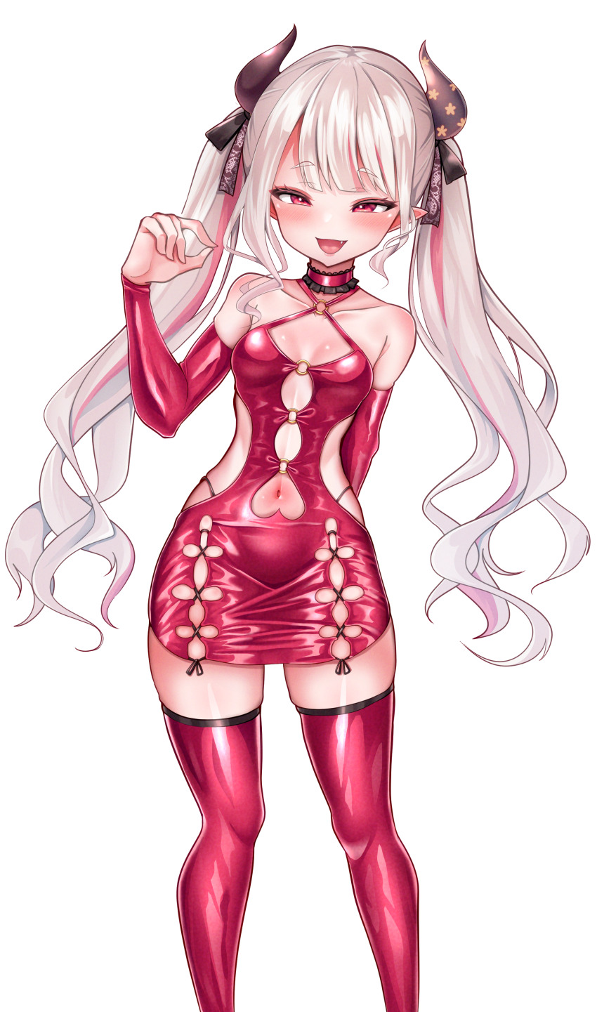 1girl, :d, absurdres, arm_behind_back, bare_shoulders, black_horns, black_ribbon, blush, bodycon, breasts, choker, cleavage, clothing_cutout, collarbone, commentary_request, detached_sleeves, dress, fang, feet_out_of_frame, frilled_choker, frills, hair_ribbon, half-closed_eyes, hand_up, highres, horns, ishi_no_shita, leaning_to_the_side, long_hair, long_single_sidelock, looking_at_viewer, multicolored_hair, naraka_(nijisanji), navel, navel_cutout, nijisanji, o-ring_dress, open_mouth, panty_straps, pinching_gesture, pink_streaks, pointy_ears, print_horns, raised_eyebrows, red_choker, red_dress, red_eyes, red_sleeves, red_thighhighs, revealing_clothes, ribbon, shiny_clothes, short_dress, sidelocks, simple_background, skindentation, small_breasts, smile, solo, standing, star_(symbol), star_print, straight-on, streaked_hair, swept_bangs, thighhighs, twintails, very_long_hair, virtual_youtuber, wavy_hair, white_background, white_hair, zettai_ryouiki