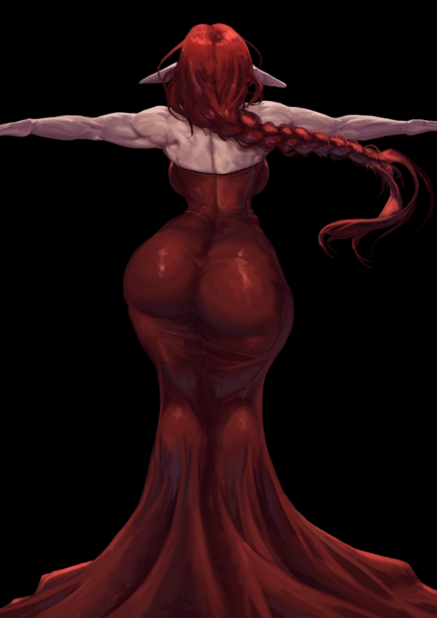 1girl, ass, backboob, black_background, braid, braided_ponytail, breasts, dress
