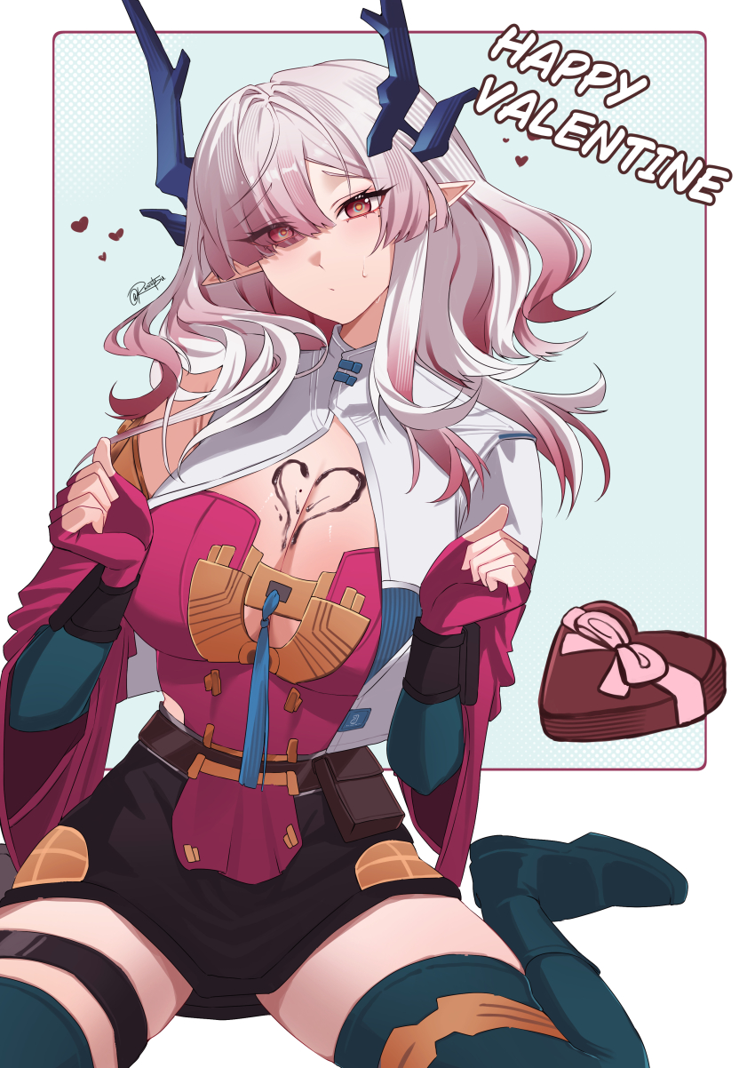 1girl, absurdres, arknights, arknights:_endfield, black_skirt, blue_horns, breasts, candy