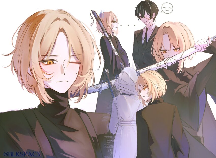 1girl, 2boys, arms_at_sides, bishounen, black_eyes, black_gloves, black_hair, black_haori