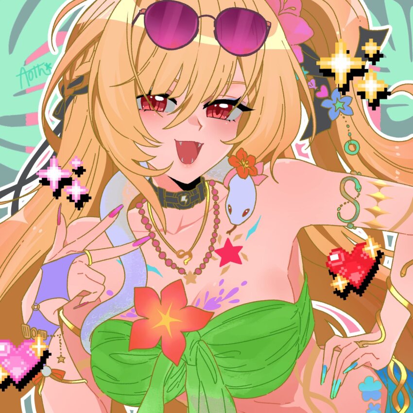 1girl, ahoge, aoionthehill, bare_shoulders, bikini, blonde_hair, breasts, cissia_(zenless_zone_zero), cleavage, commentary, fangs, fingernails, hair_between_eyes, hair_ornament, heart, highres, large_breasts, long_fingernails, long_hair, open_mouth, pink_nails, pixel_heart, pixelated, red_eyes, smile, snake, sunglasses, swimsuit, untranslatable_commentary, upper_body, white_snake, zenless_zone_zero