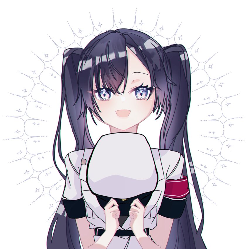 1girl, armband, black_hair, commentary_request, grey_eyes, happy, hat, highres, holding, holding_unworn_clothes, holding_unworn_hat, jacket, long_hair, maguice9g7580, military_hat, military_jacket, military_uniform, minus_(reverseblue), open_mouth, peaked_cap, reverseblue_x_re-birthend, short_sleeves, solo, twintails, unworn_hat, unworn_headwear, white_background, white_hat, white_jacket