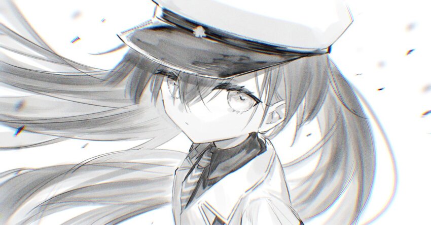 1girl, collared_shirt, commentary_request, greyscale, hair_between_eyes, hat, jacket, long_hair