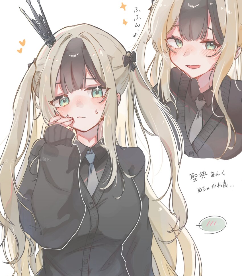 1girl, anku_(reverseblue), black_bow, black_crown, black_hair, black_shirt, black_sweater, blonde_hair, bow, collared_shirt, commentary_request, crown, green_eyes, grey_necktie, hair_bow, highres, long_sleeves, multicolored_hair, necktie, official_alternate_costume, reverseblue_x_re-birthend, shirt, solo, sui_ma33, sweater, two-tone_hair