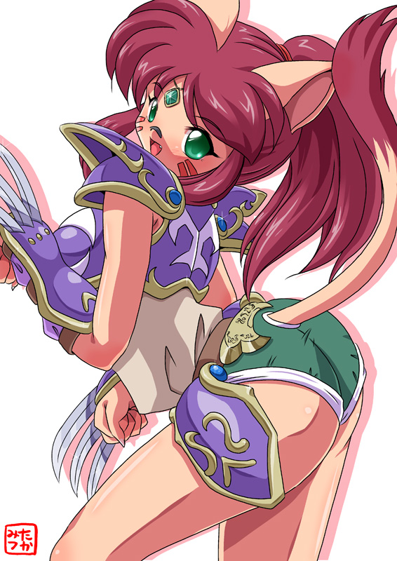 1girl, animal_ears, armor, ass, cat_ears, cat_tail, claws, facial_mark, female_focus, green_eyes, kouryuu_densetsu_villgust, long_hair, oborogumo_takamitsu, pauldrons, ponytail, red_hair, ryuquir, ryuquir_(villgust), shorts, shoulder_armor, smile, solo, tail, tattoo