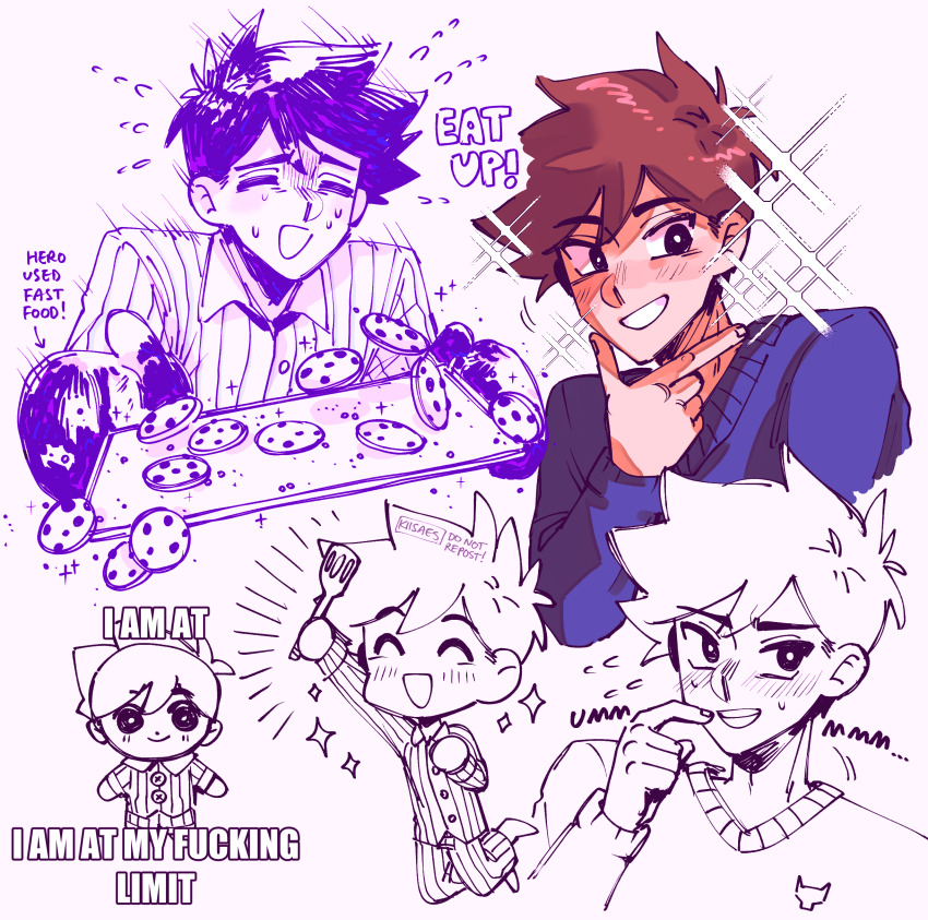 2boys, absurdres, antenna_hair, arm_up, artist_name, baking_sheet, barefoot, black_eyes