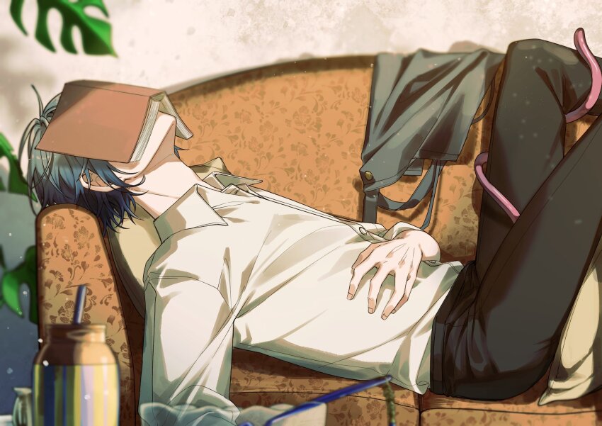 1boy, black_pants, blue_hair, blurry, blurry_background, book_on_face, commentary_request, couch