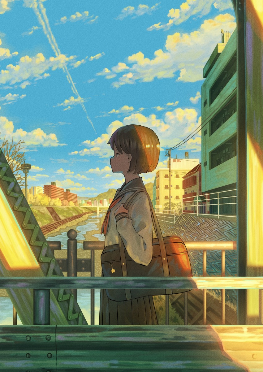 1girl, bag, bag_charm, black_hair, black_sailor_collar, black_skirt, blue_sky, building