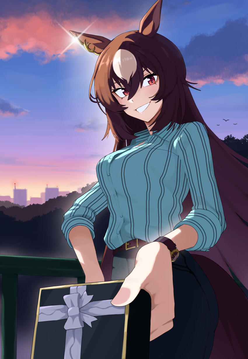 1girl, absurdres, animal_ears, blue_sky, blush, box, breasts, brown_hair