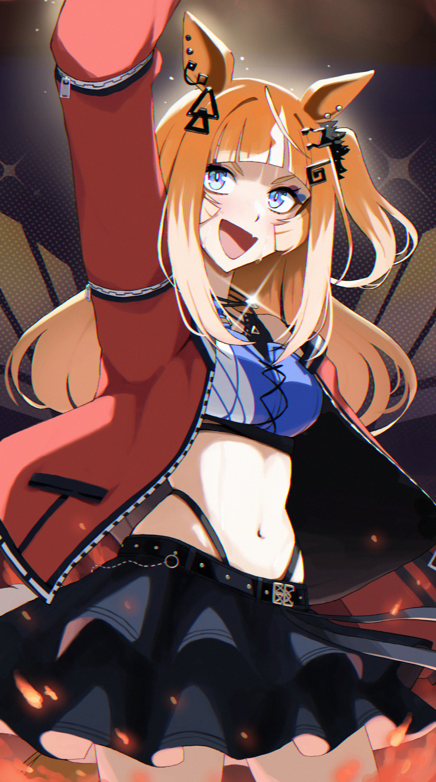 1girl, absurdres, animal_ears, black_skirt, blue_eyes, blue_sports_bra, blush, breasts