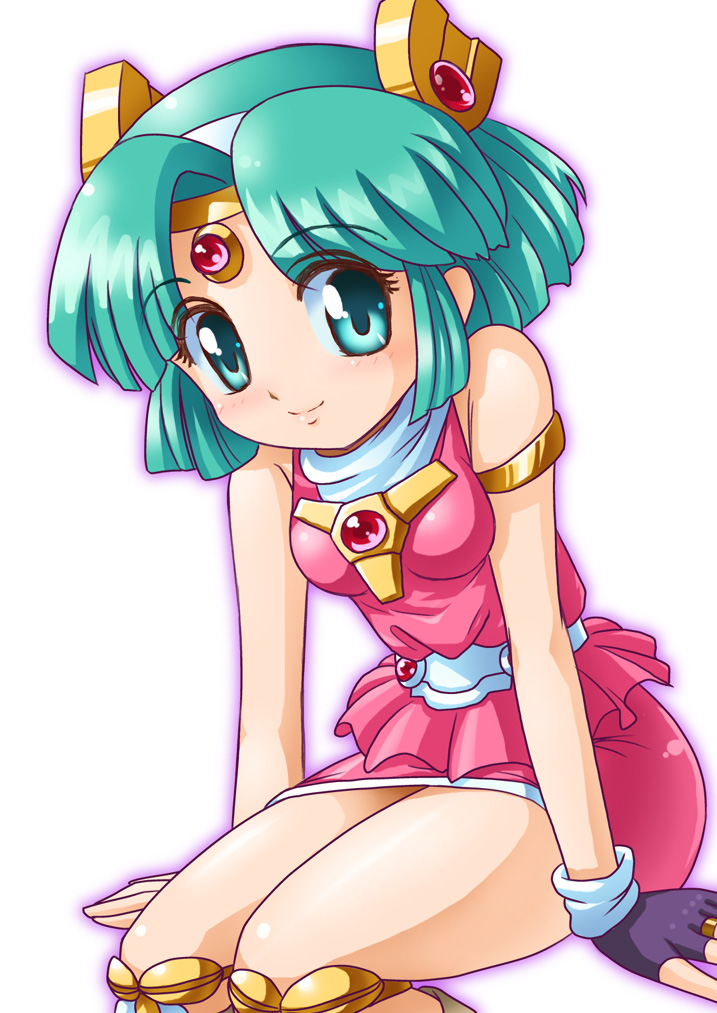 1girl, armlet, female_focus, gloves, green_eyes, green_hair, hairband, jewelry