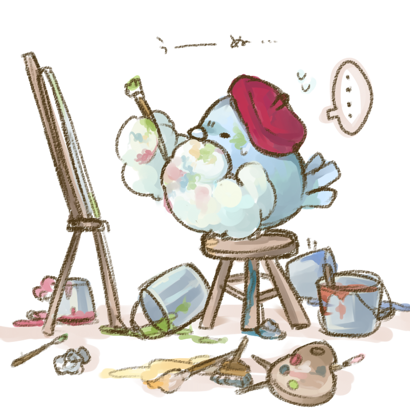 ..., 00s, animal_focus, art_brush, beret, bucket, canvas_(object), clothed_pokemon, easel, gen_3_pokemon, hat, komeda_arufa, nintendo, no_humans, paint, paint_can, paintbrush, pokemon, pokemon_(creature), pokemon_ruby/sapphire/emerald, spoken_ellipsis, swablu