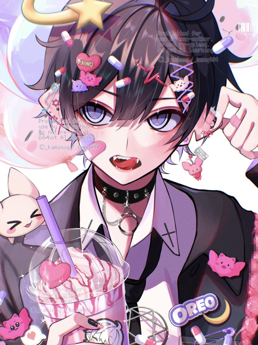 bandaid, bandaid_on_face, bandaid_on_finger, bandaid_on_hand, black_choker, black_hair, choker, crossdressing