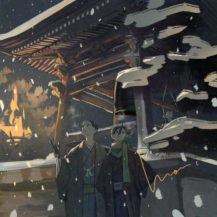 2boys, absurdres, architecture, bell, black_gloves, black_hair, blue_eyes, building