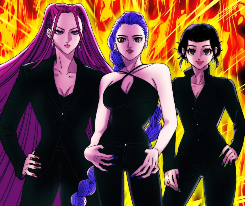 3girls, black_hair, black_jacket, black_shirt, blunt_bangs, braid, braided_ponytail, charlie's_angels
