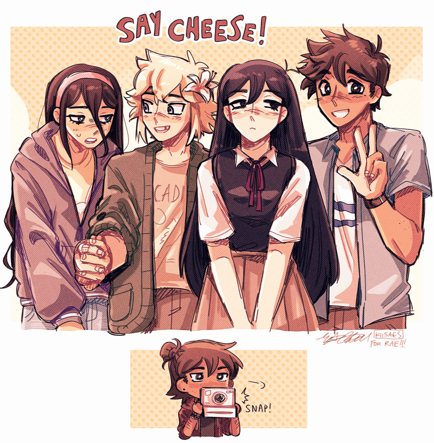 2girls, 3boys, absurdres, alternate_costume, alternate_hairstyle, alternate_universe, antenna_hair, artist_name