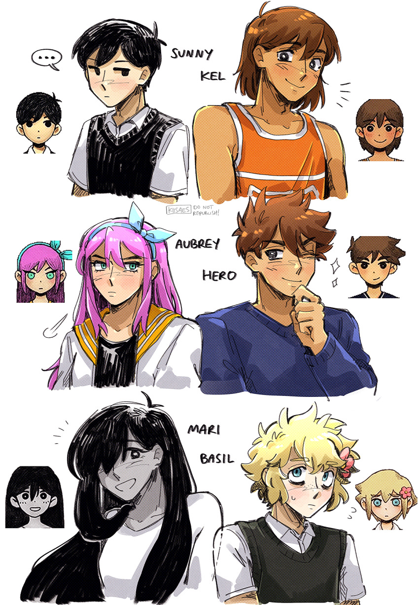 ..., 2girls, 4boys, absurdres, alternate_color, antenna_hair, aubrey_(faraway)_(omori), aubrey_(omori)