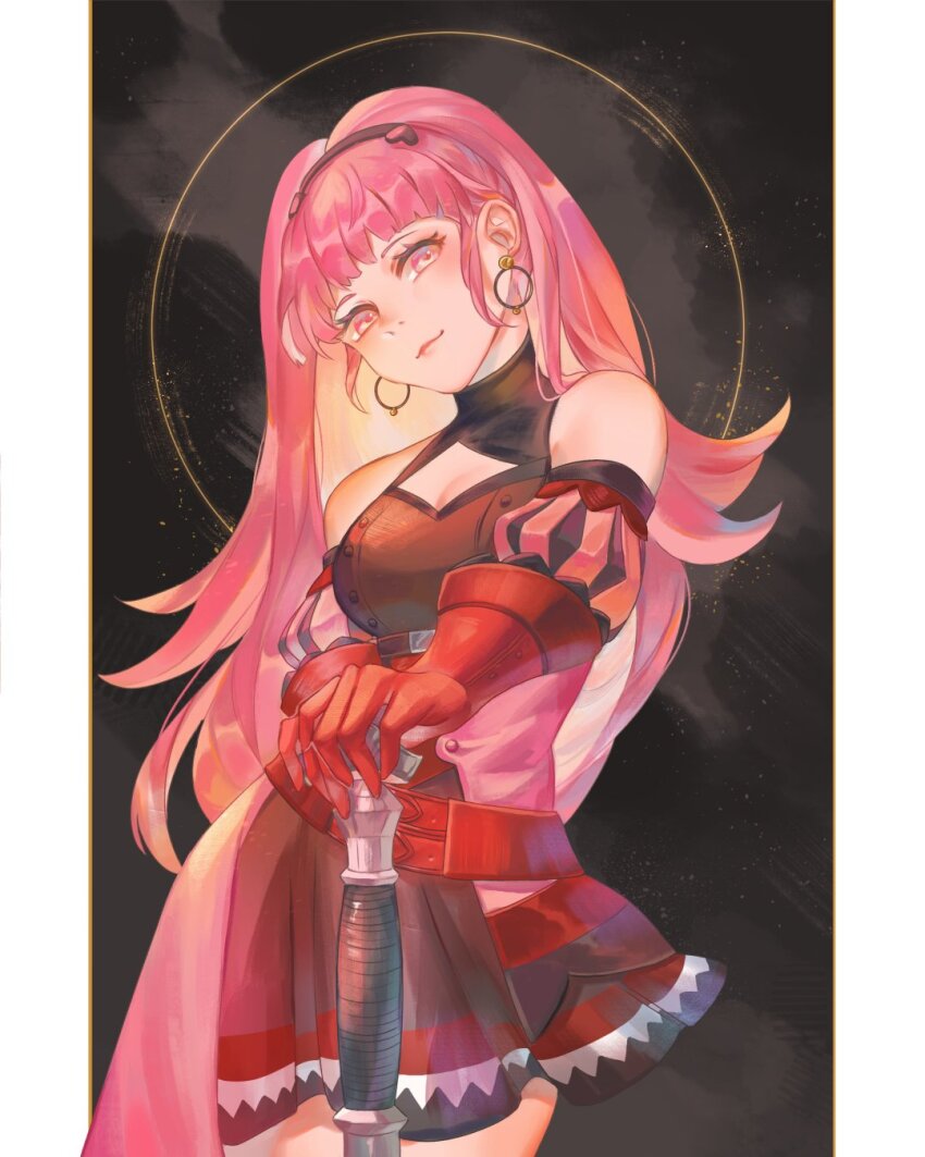 1girl, axe, bare_shoulders, blush, breasts, cleavage, cleavage_cutout, closed_mouth