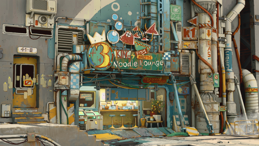 absurdres, air_conditioner, bar_stool, booth_seating, cheef0ng, door, highres, industrial_pipe