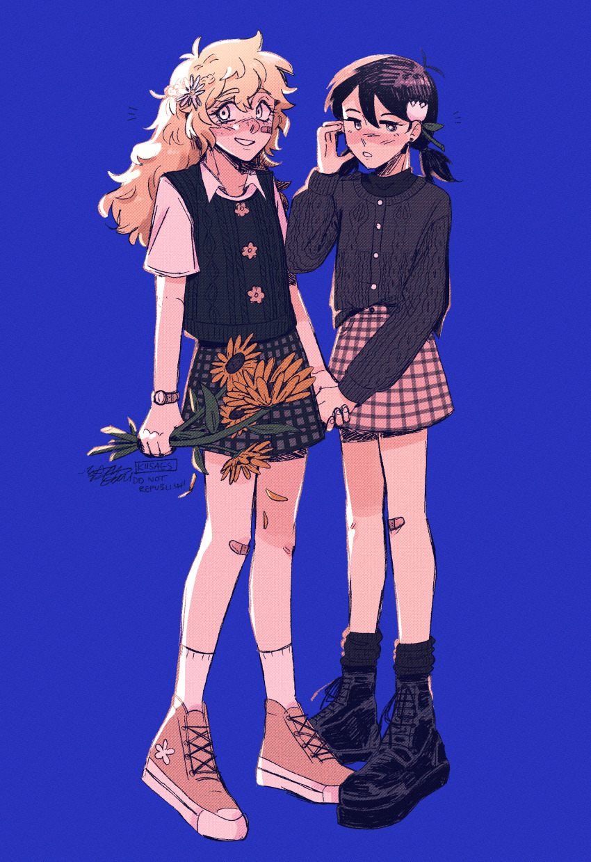 2girls, absurdres, antenna_hair, artist_name, bandaid, bandaid_on_cheek, bandaid_on_face, bandaid_on_knee, bandaid_on_leg, basil_(faraway)_(omori), basil_(omori), black_shoes, black_socks, black_sweater, blonde_hair, blue_background, blue_eyes, blush, bright_pupils, brown_shoes, collared_shirt, commentary, double-parted_bangs, ear_piercing, english_commentary, flower, freckles, genderswap, genderswap_(mtf), green_sweater_vest, hair_between_eyes, hair_flower, hair_ornament, highres, holding_hands, kiisaes, long_hair, long_sleeves, looking_at_viewer, low_twintails, multiple_girls, omori, open_mouth, piercing, shirt, shoes, short_hair, short_sleeves, short_twintails, simple_background, smile, socks, standing, sunny_(omori), sweater, sweater_vest, twintails, white_pupils, white_shirt, white_socks, yuri