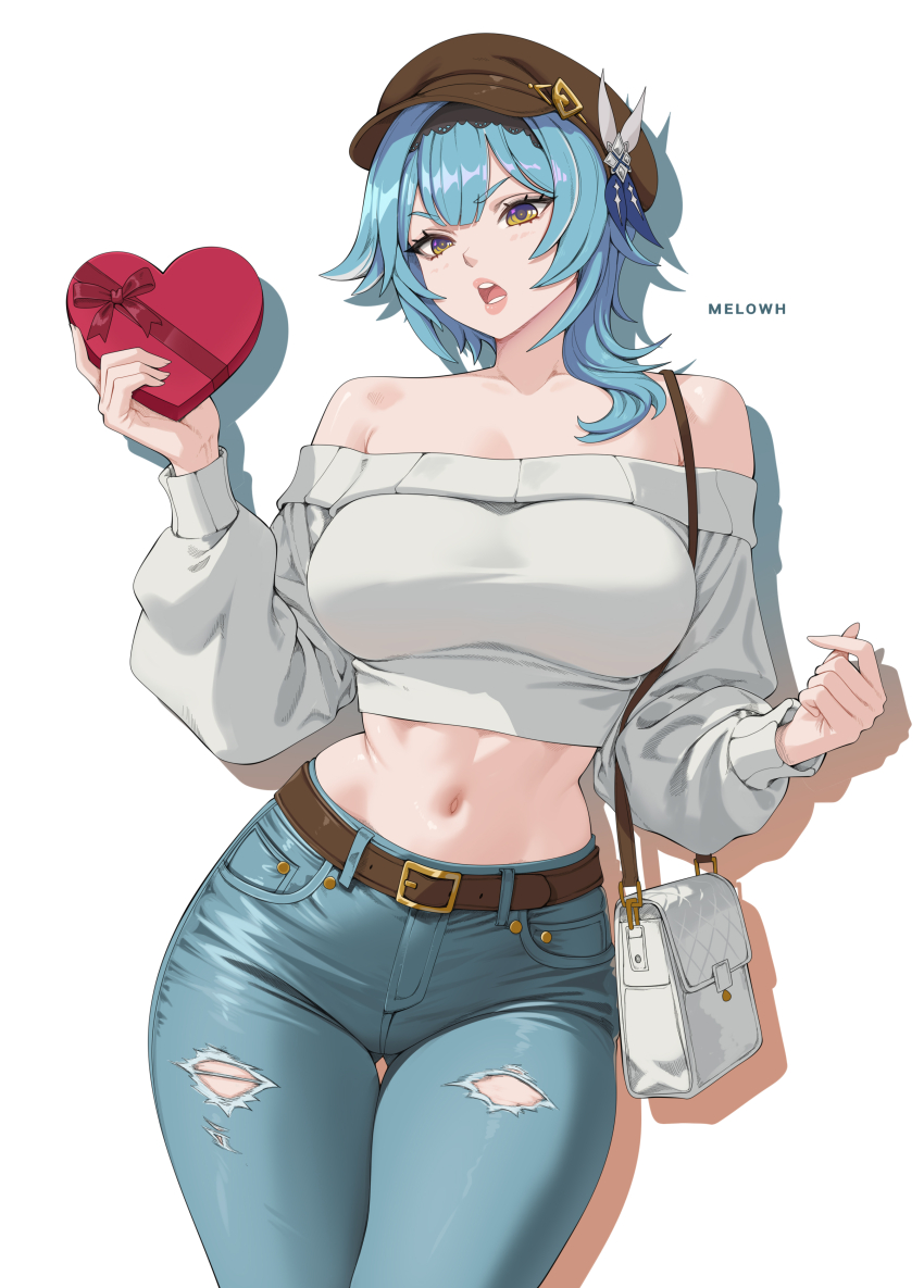 1girl, absurdres, bag, bare_shoulders, belt, black_hairband, blue_hair, blue_pants