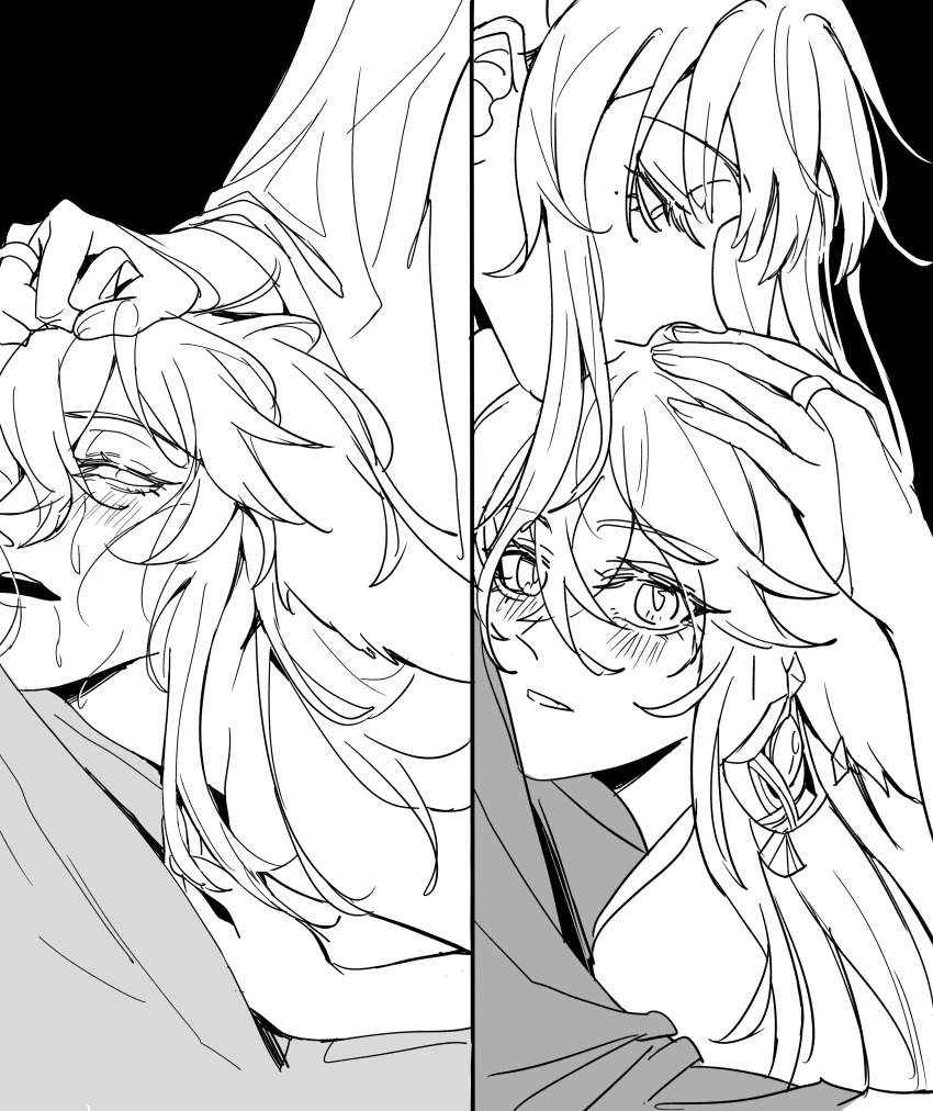 2girls, 52hzdelonely, absurdres, animal_ear_piercing, animal_ears, black_background, blunt_bangs, blush, chinese_commentary, closed_mouth, commentary_request, couple, fox_ears, fox_girl, from_side, genshin_impact, grabbing_another's_hair, grabbing_from_behind, highres, holding_another's_hair, hug, long_sleeves, looking_at_viewer, looking_down, looking_to_the_side, lying_on_person, meme, mole, mole_under_eye, monochrome, multiple_girls, nude, on_bed, parted_lips, raiden_shogun, sex, sometimes_like_this/also_like_that_(meme), sweat, upper_body, very_sweaty, wide_sleeves, yae_miko, yuri