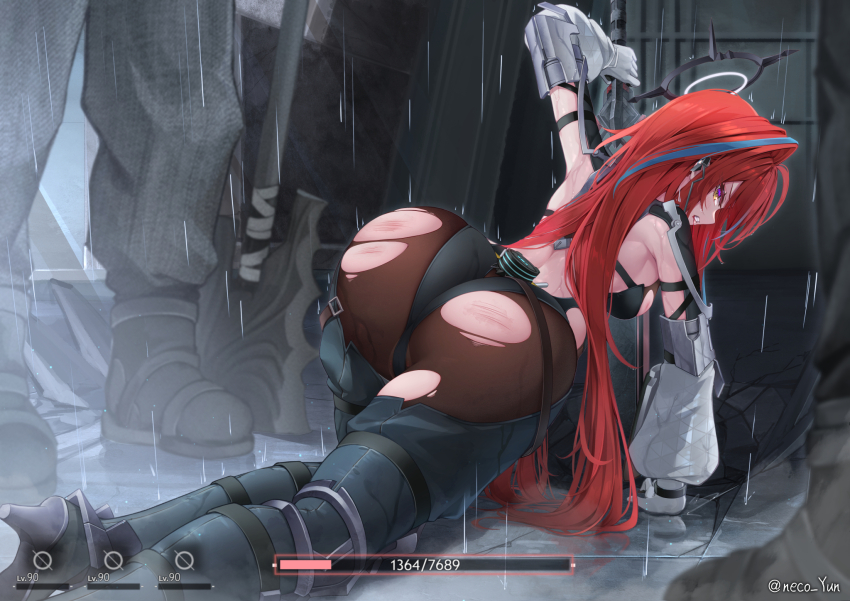 1girl, 2others, arknights, arknights:_endfield, ass, battle_damage, black_bodysuit, blue_hair
