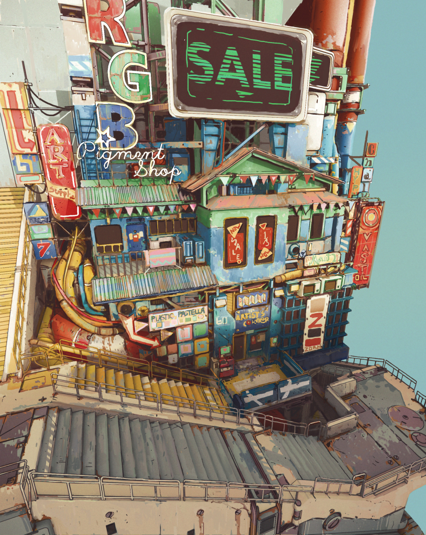 air_conditioner, aqua_background, cheef0ng, corrugated_galvanized_iron_sheet, highres, industrial, industrial_pipe, landscape, original, railing, scenery, science_fiction, stairs, window