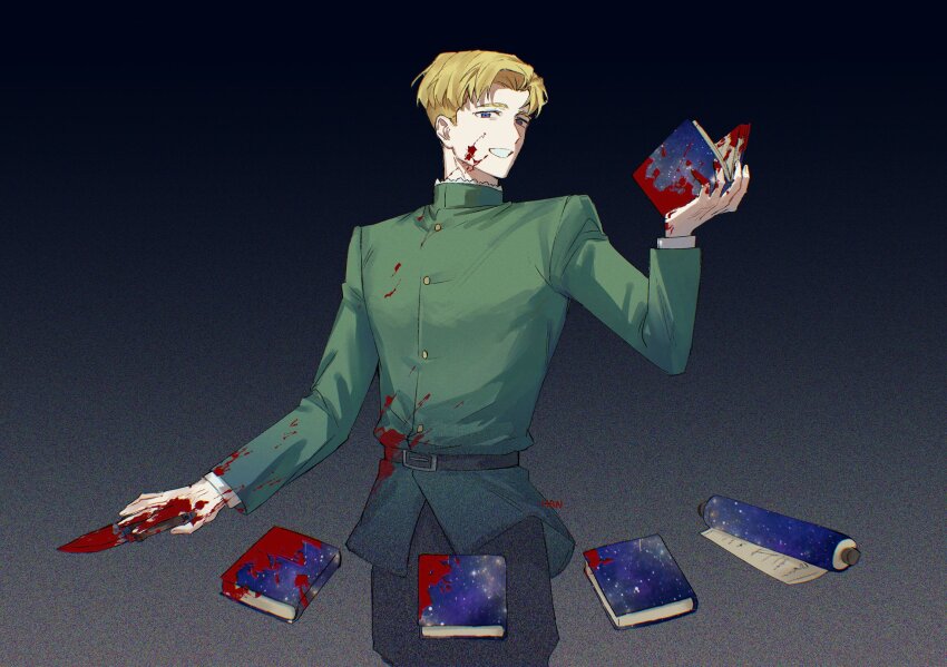 1boy, artist_name, belt, black_background, black_belt, black_pants, blonde_hair, blood