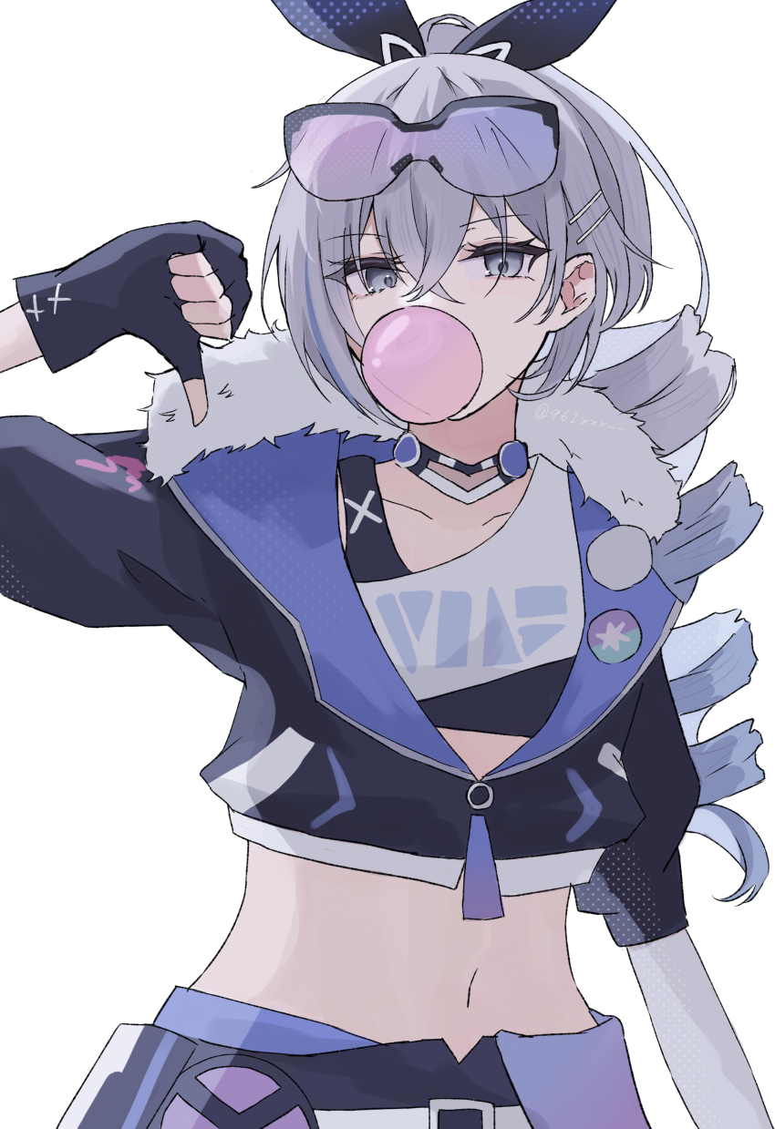 1girl, 961_kuru, absurdres, black_gloves, black_sports_bra, blowing_bubble_gum, chewing_gum, commentary_request