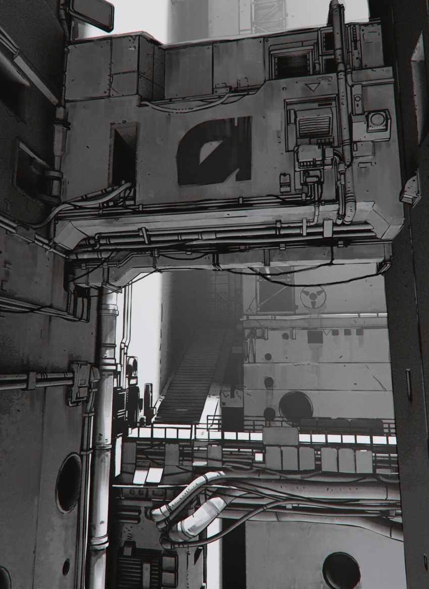 absurdres, cheef0ng, concrete, drainpipe, greyscale, highres, industrial, industrial_pipe