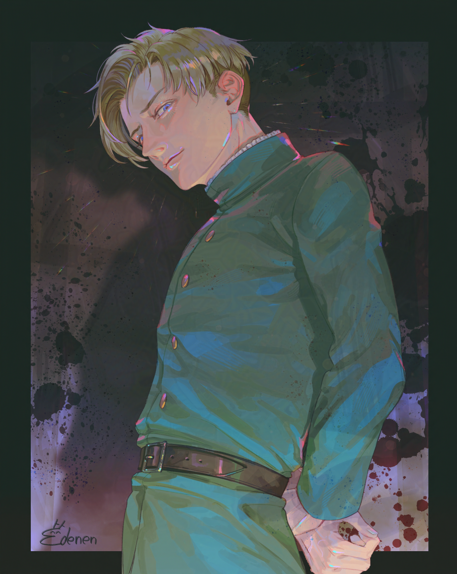 1boy, arms_behind_back, belt, black_belt, black_border, blonde_hair, blue_eyes, border