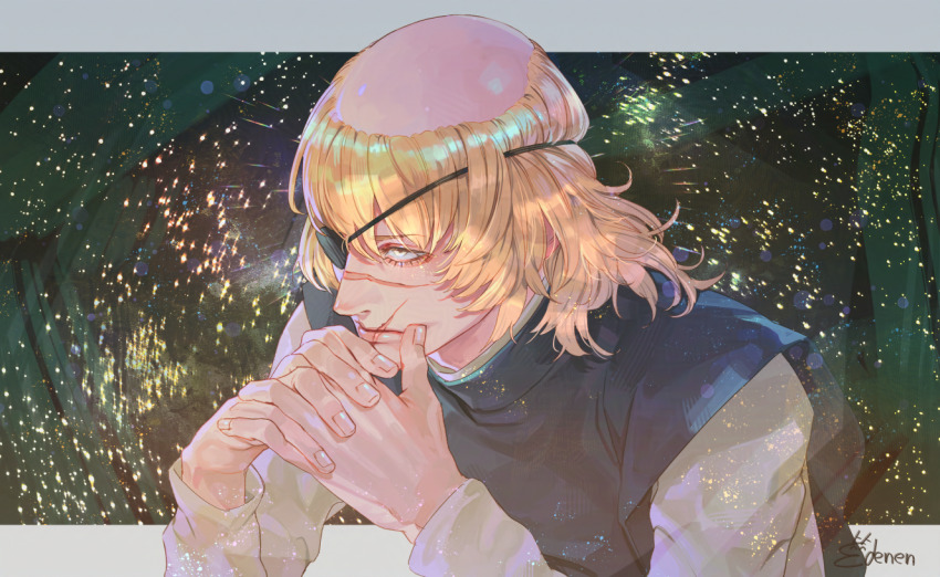 1boy, artist_name, badeni, black_tabard, black_tunic, blonde_hair, chi.:_chikyuu_no_undou_ni_tsuite, closed_mouth