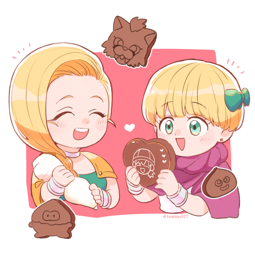 2girls, bianca_(dq5), blonde_hair, blue_eyes, blunt_bangs, blush, border, borongo