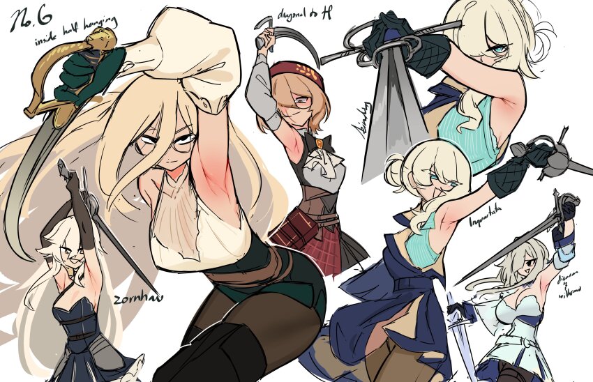 5girls, absurdres, armpits, beanie, black_bow, black_bowtie, black_gloves, blue_eyes