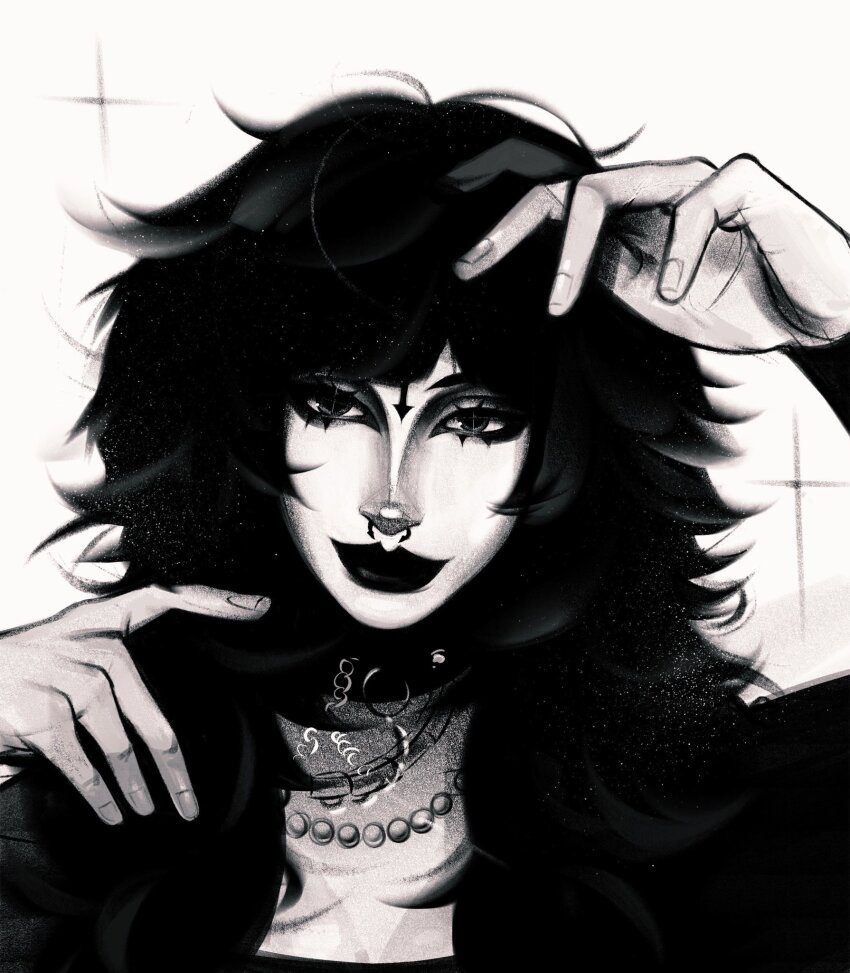 1girl, black_hair, black_lips, colehairlesscat, colored_skin, face_piercing, facial_mark, greyscale, highres, medium_hair, messy_hair, monochrome, nose_piercing, original, piercing, portrait, septum_piercing, solo, white_skin