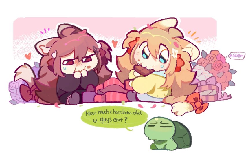 1boy, 2girls, :3, :i, ahchive_be, ahoge, animal_ears, black_cardigan, black_skirt, black_socks, blue_eyes, blue_sailor_collar, blue_skirt, bouquet, bow, box, box_of_chocolates, broken_heart, broken_heart_hair_ornament, brown_hair, candy, cardigan, cat_ears, cat_girl, cat_tail, cheek_bulge, chibi, chibi_only, chocolate, chocolate_bar, closed_eyes, confetti, covering_own_mouth, eating, english_text, evil_neuro-sama, flipped_hair, flower, food, food_in_mouth, food_on_face, furrowed_brow, hair_between_eyes, hair_ornament, hair_ribbon, hashtag-only_commentary, heart, heart-shaped_box, heart_hair_ornament, highres, holding, holding_box, holding_chocolate, holding_food, jaggy_lines, jitome, long_hair, long_sleeves, looking_at_viewer, multiple_girls, neuro-sama, notice_lines, purple_flower, purple_rose, red_bow, red_eyes, red_flower, red_ribbon, red_rose, ribbon, rose, sailor_collar, siblings, sisters, sitting, skirt, socks, speech_bubble, sweatdrop, tail, tail_bow, tail_ornament, turtle, twins, two_side_up, valentine, vedal987, vedal_ai, very_long_hair, virtual_youtuber, white_background, yellow_cardigan